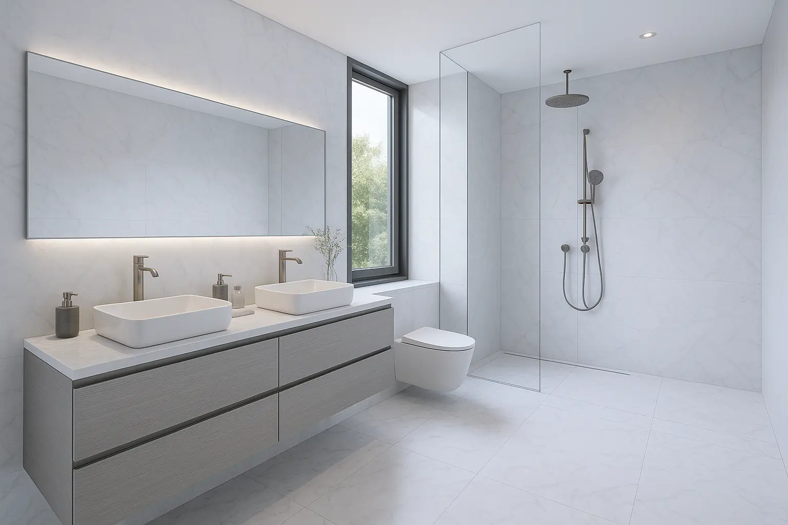 Helles, modernes Badezimmer mit Doppelwaschbecken, grosser Dusche und WC, sauber und zeitlos gestaltet.