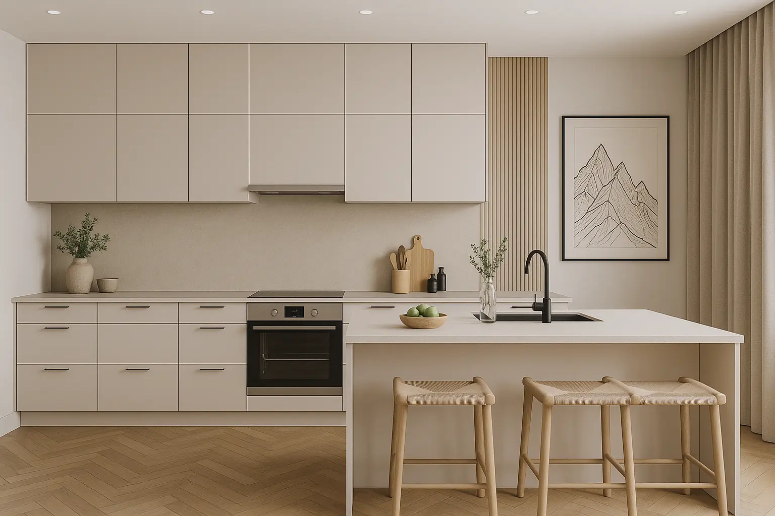 Offene, moderne Küche in hellen Farben mit Kochinsel, Barhockern und Holzakzenten.