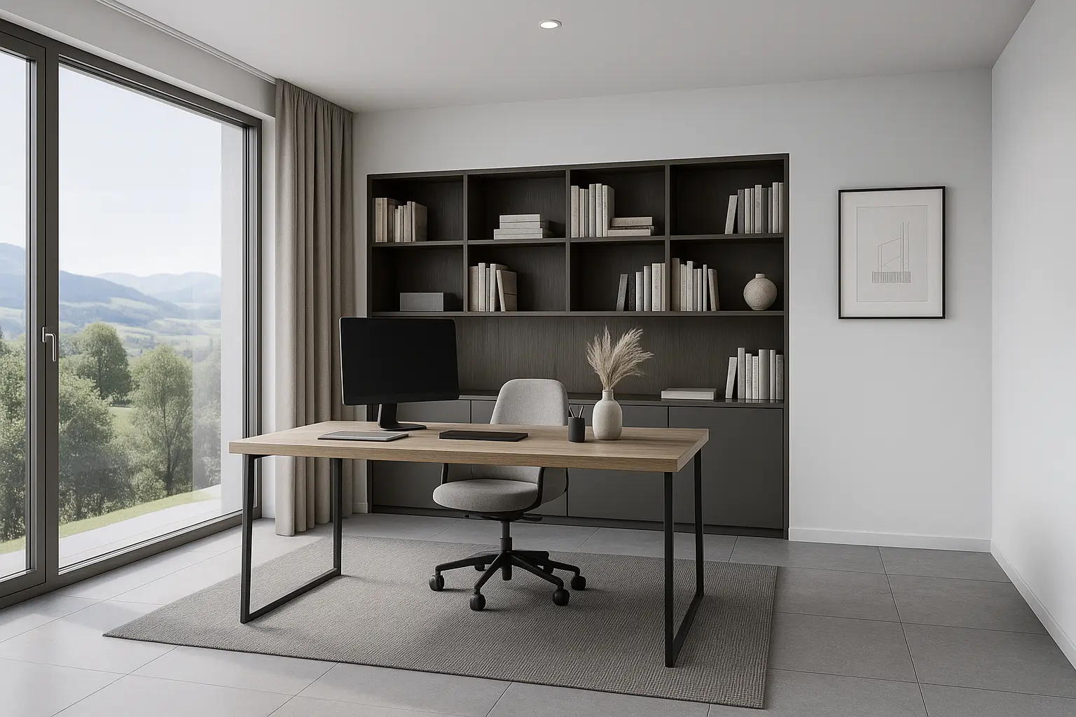 Modernes Büro oder Arbeitszimmer, virtuell eingerichtet, mit Schreibtisch, Bücherregal und Bergblick.