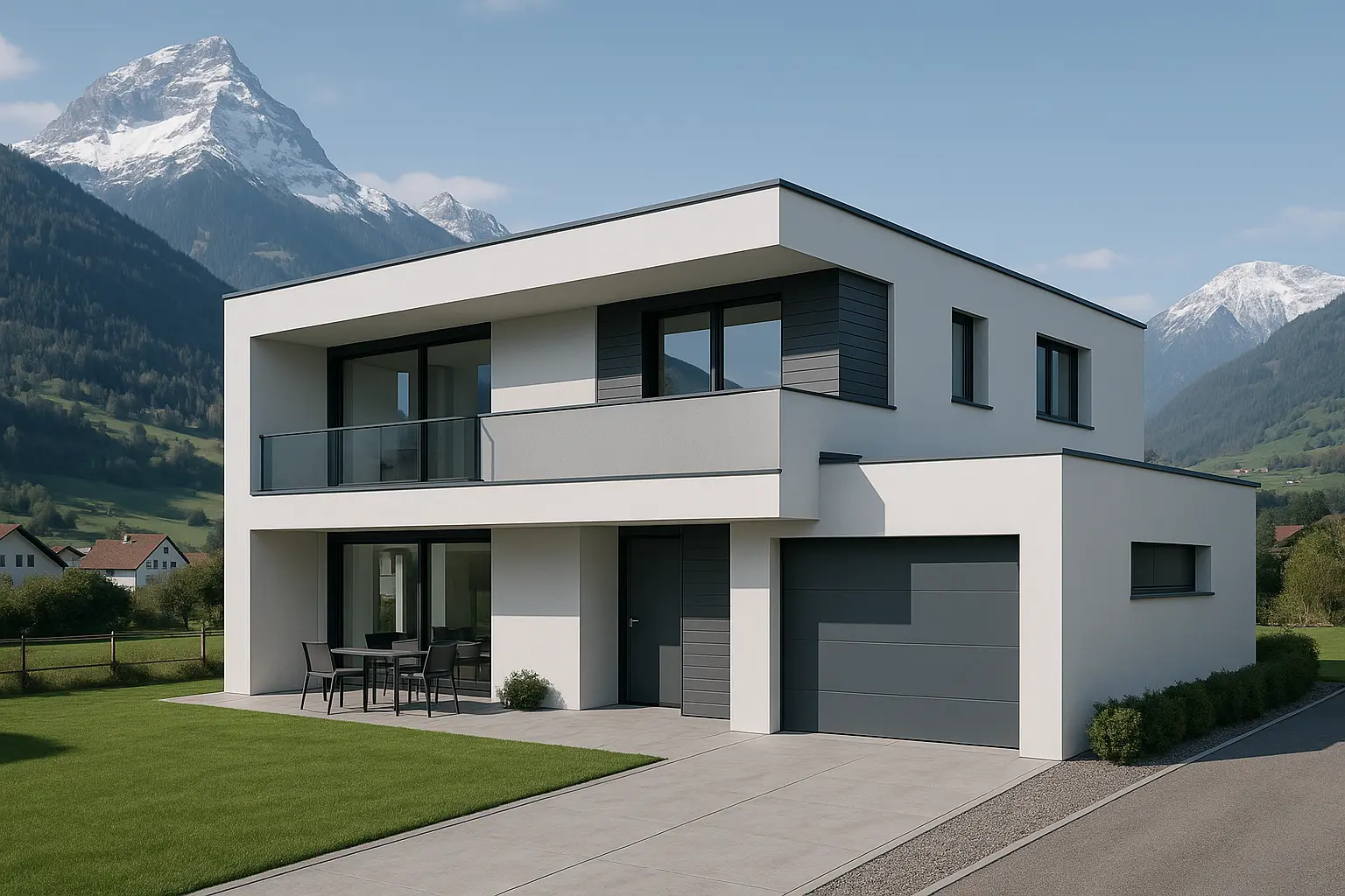 Modernes Einfamilienhaus mit Garage und Balkon, umgeben von grüner Wiese und Bergen im Hintergrund.