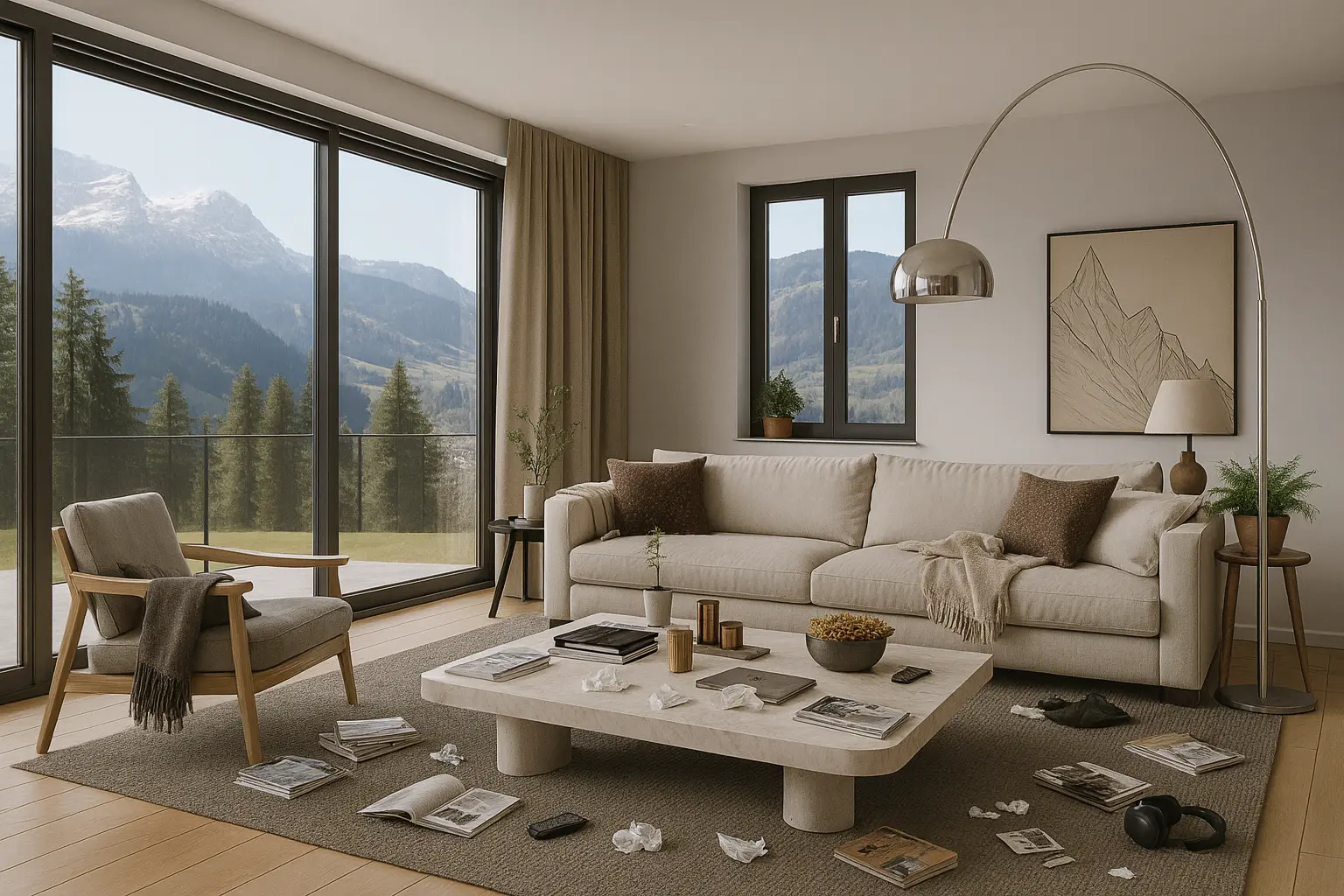Möbliertes Wohnzimmer mit Sofa und Bergblick, das leichte Gebrauchsspuren und persönliche Gegenstände zeigt.