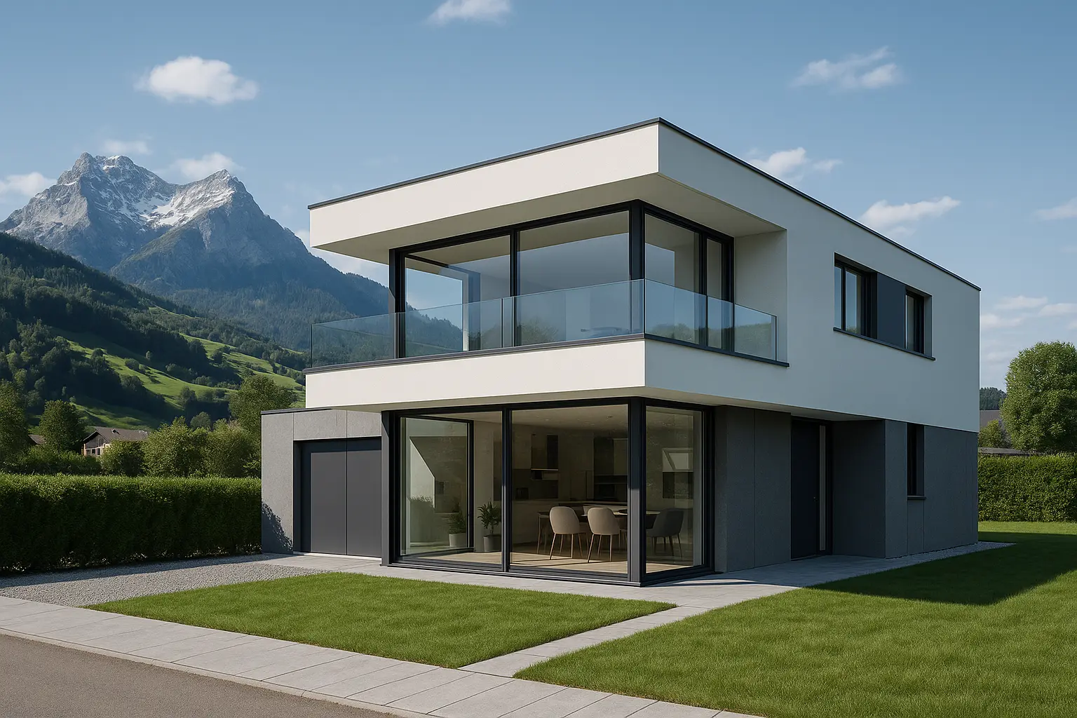 Moderne Architekten-Villa mit grossen Glasflächen und flachem Dach, eingebettet in eine Berglandschaft.