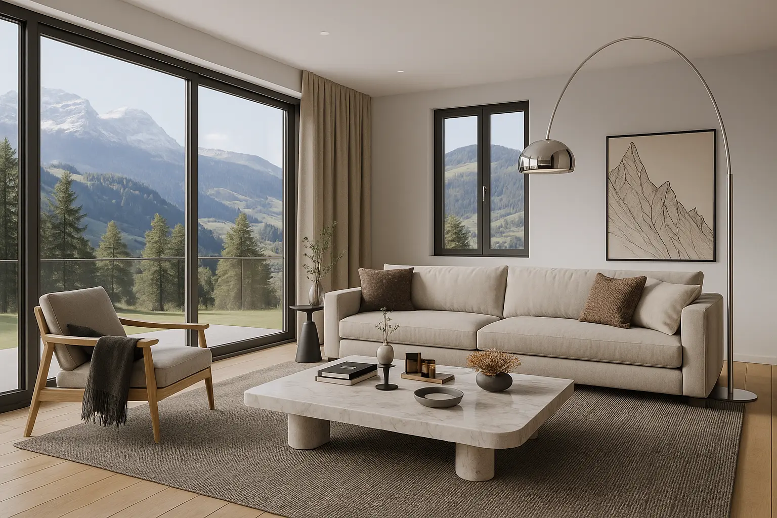 Modernes Wohnzimmer, virtuell und stilvoll möbliert, mit Sofa, Couchtisch und Bergblick.
