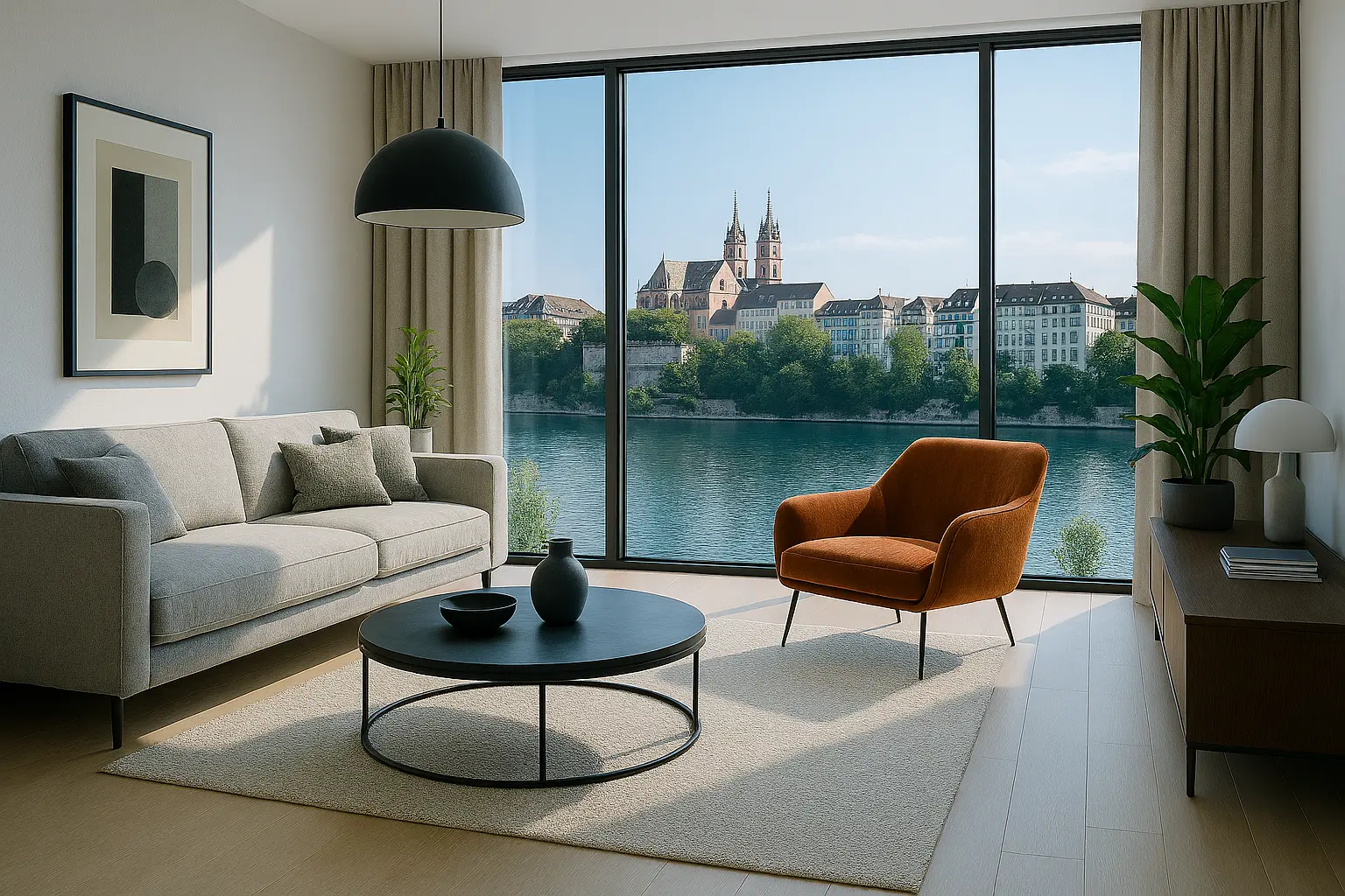 Modernes Wohnzimmer mit Sofa, Sessel und grossem Fenster mit Blick auf eine Stadt am Fluss