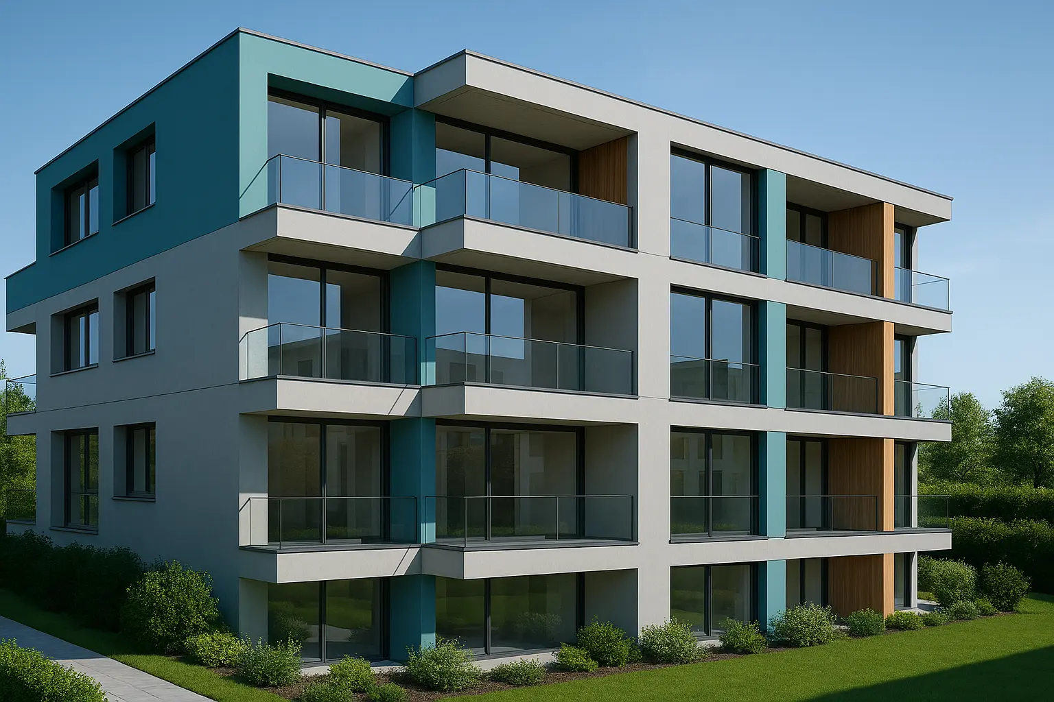 Modernes Mehrfamilienhaus mit mehreren Stockwerken, Balkonen und Akzenten in Türkis/Grün