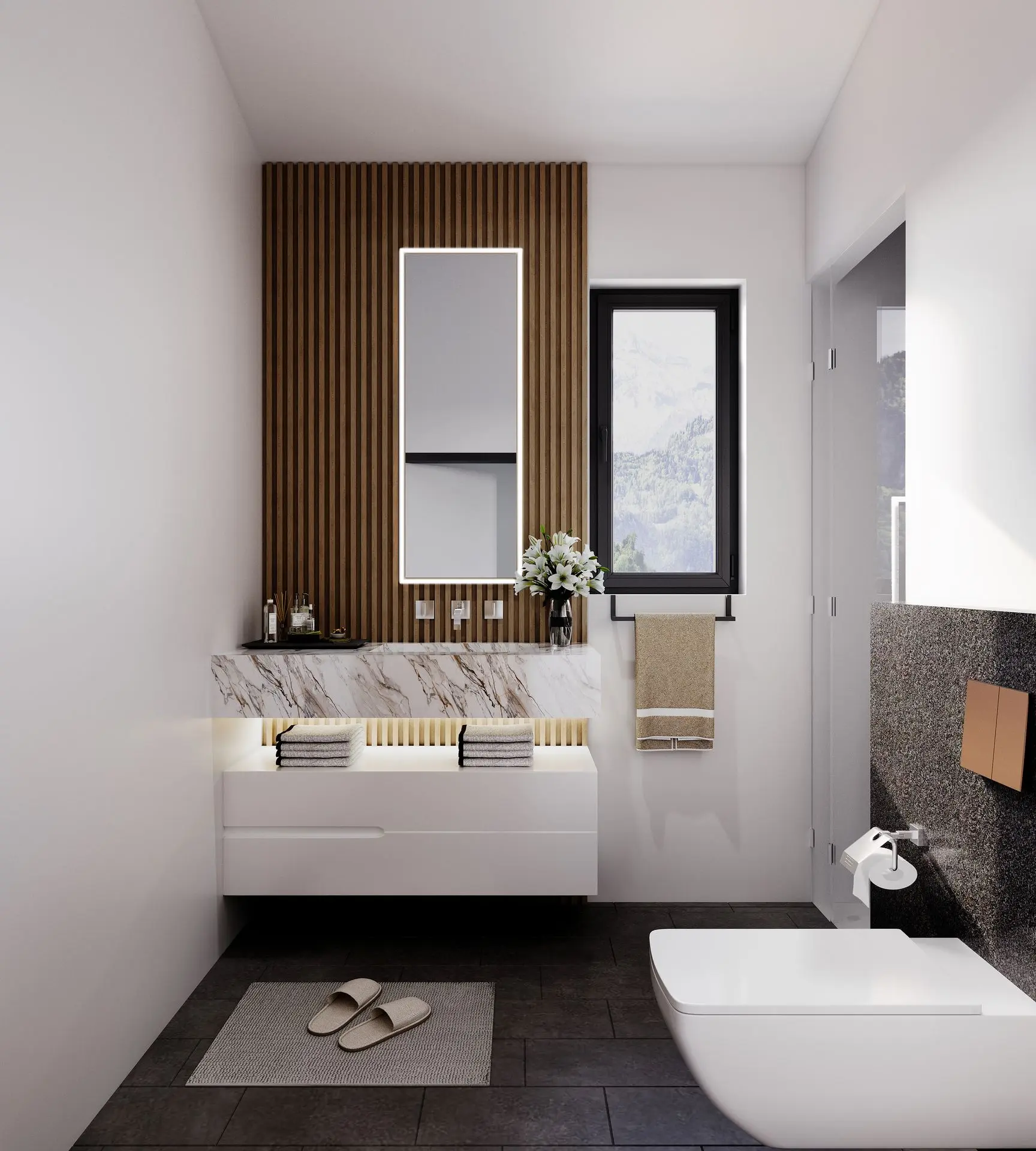 Modernes Badezimmer mit schwebendem Waschtisch aus Marmor, beleuchtetem Spiegel, Holzvertäfelung und WC.