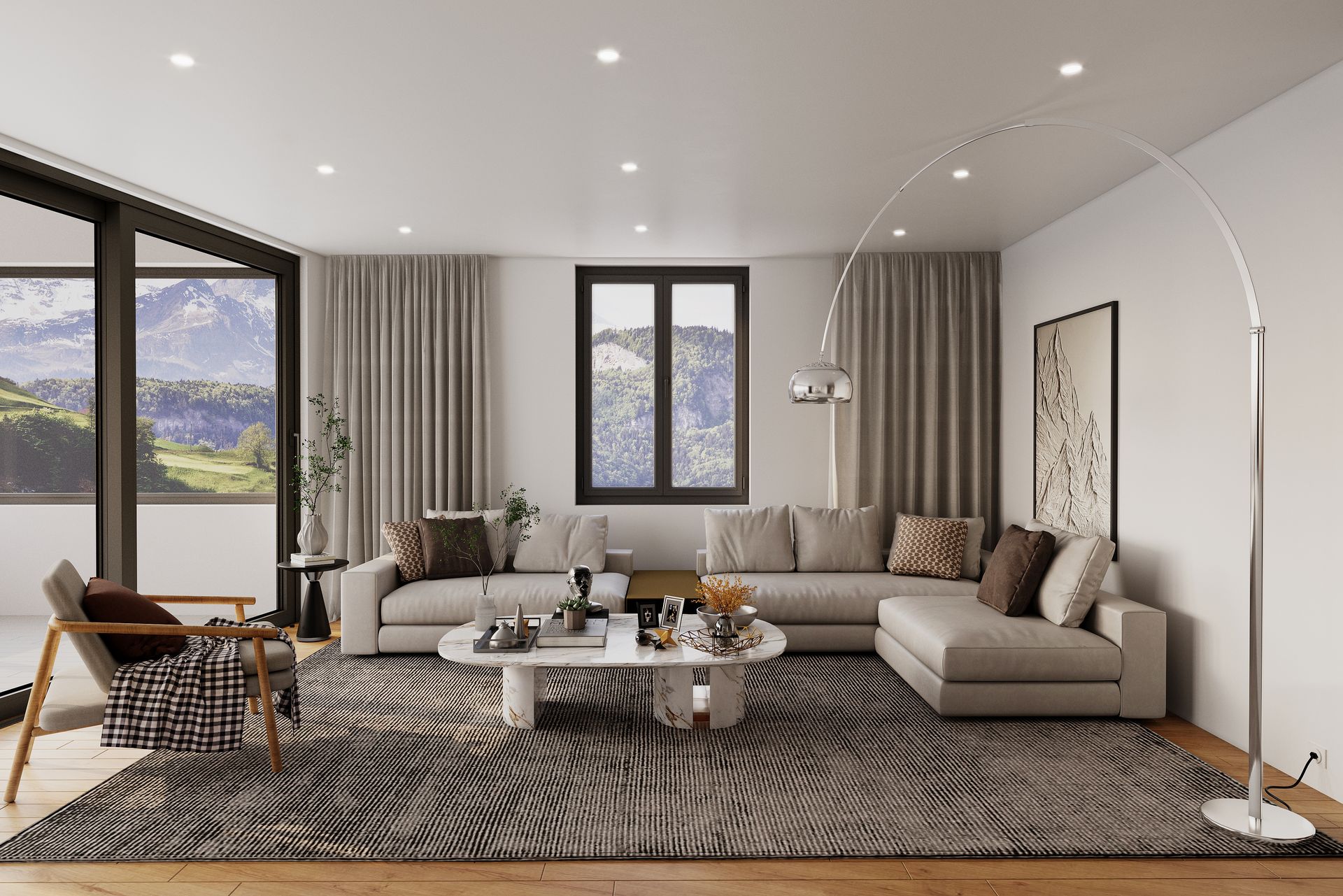 3D Visualisierung eleganter Wohnbereich mit Designer-Sofa, Teppich und Panoramafenstern