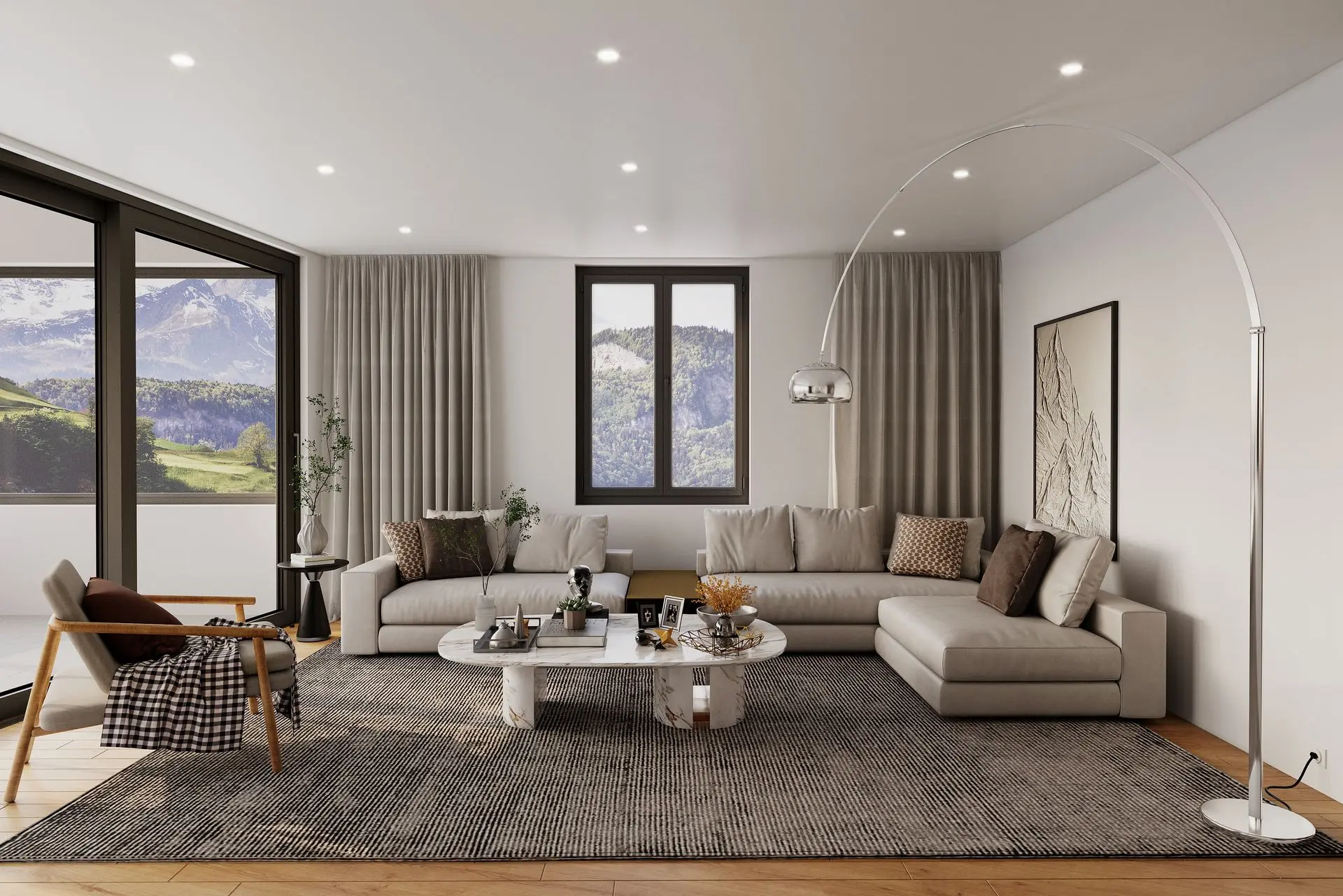 360° Panorama Visualisierung modernes Wohnzimmer mit Designer-Sofa und Dekoration