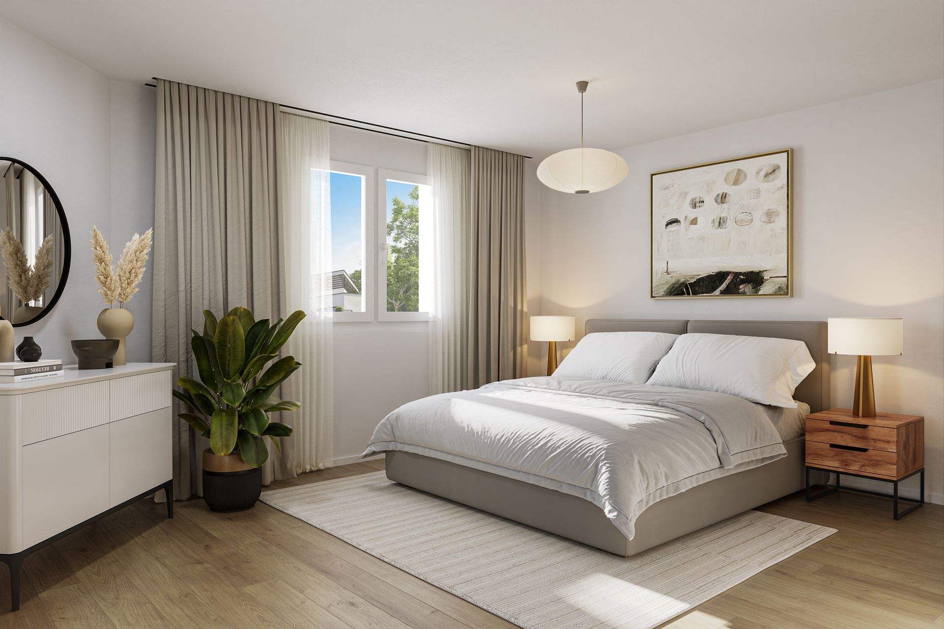 3D Visualisierung helles Schlafzimmer mit Doppelbett, Nachttischen und stilvoller Dekoration