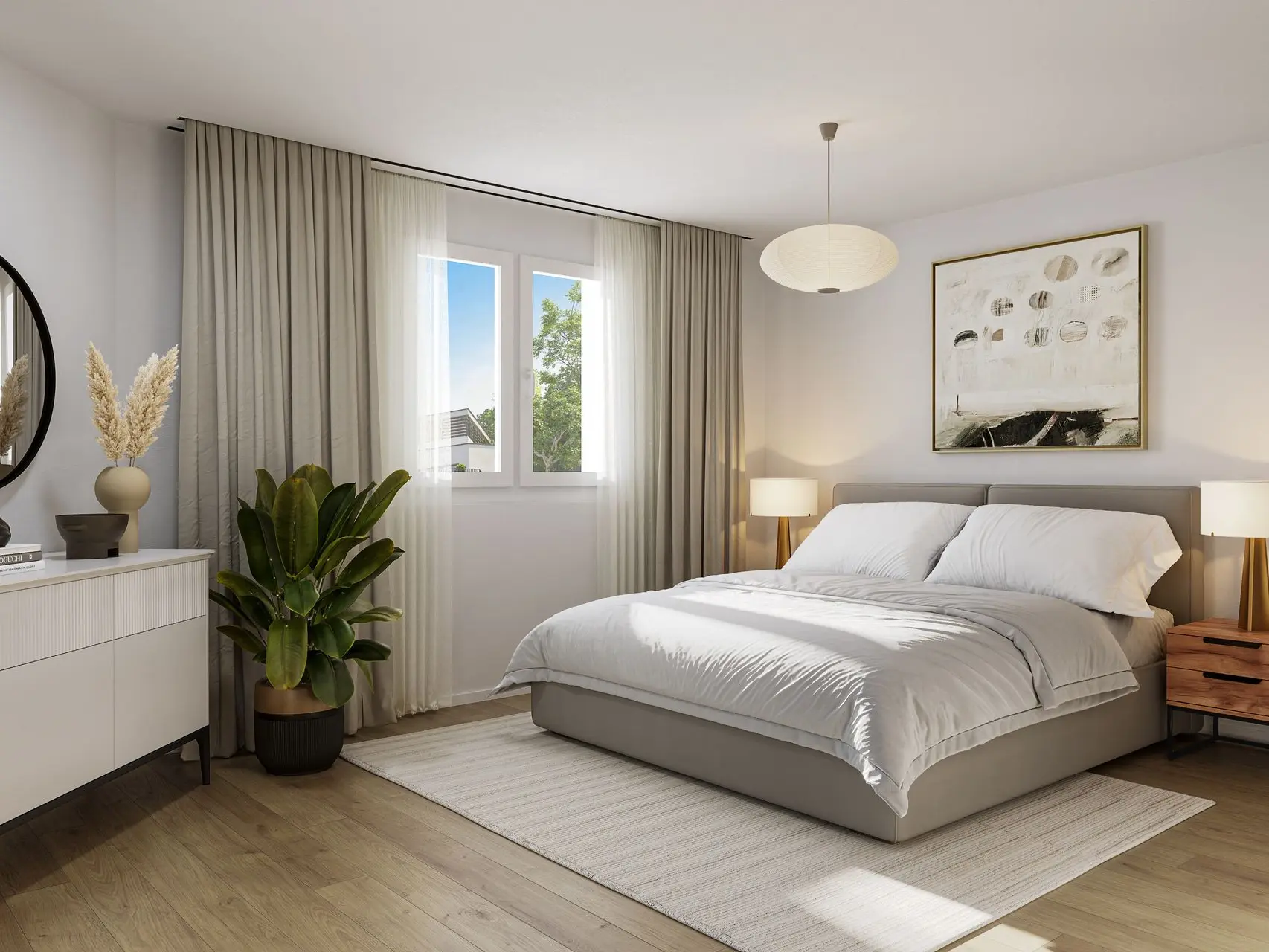Fotorealistische Darstellung eines hellen Schlafzimmers mit Doppelbett, Vorhängen und Dekoration