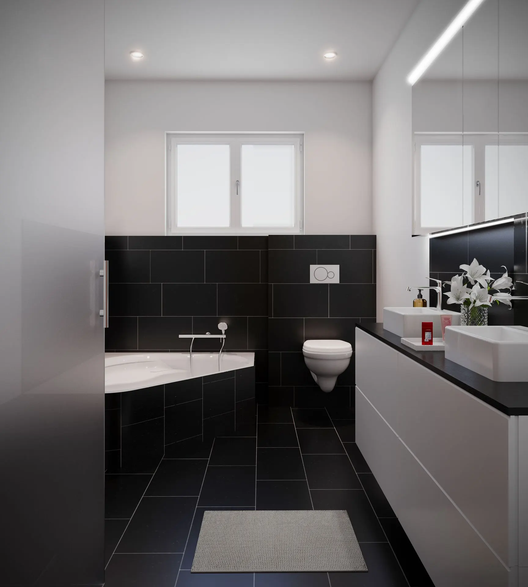 3D Visualisierung modernes Badezimmer mit schwarzem Fliesenboden, Badewanne und Doppelwaschbecken