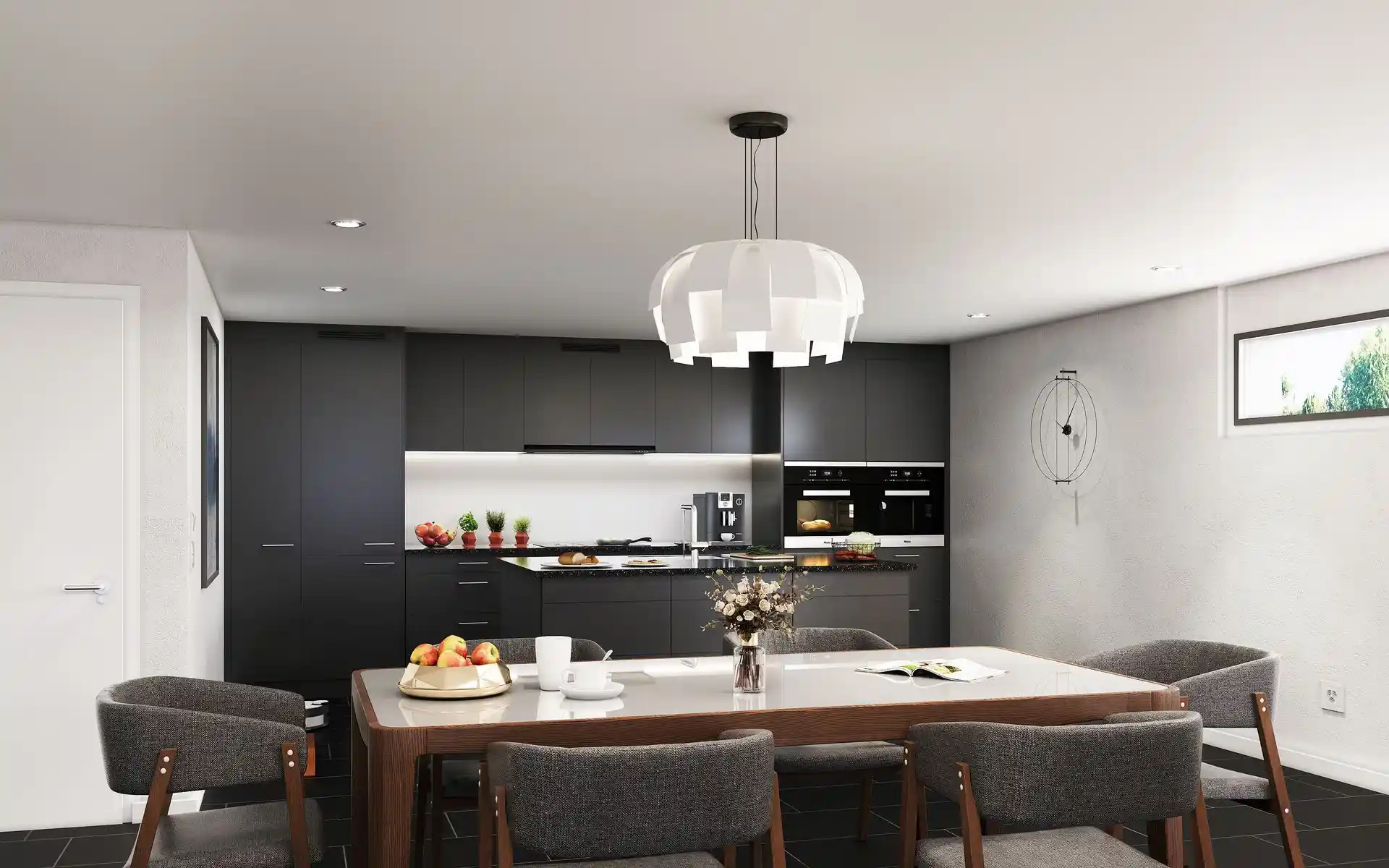 Fotorealistische Inennvisualisierung einer Küche mit dunklen Fronten und grossem Esstisch