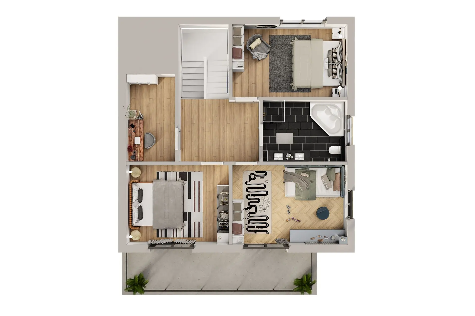 3D Grundrissvisualisierung Etage mit Schlafzimmern, Badezimmer und Terrasse