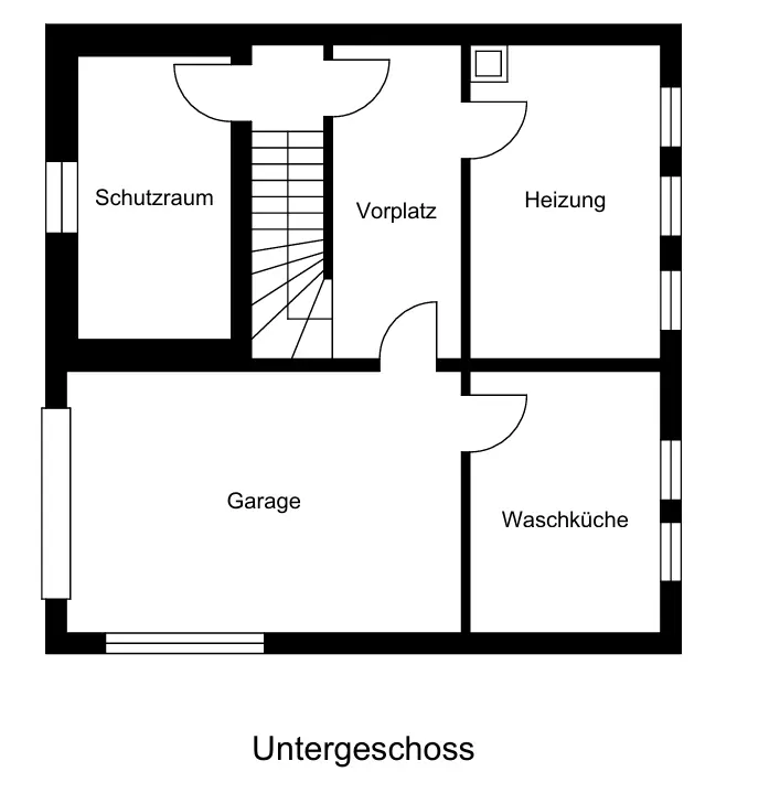 2D Grundriss Untergeschoss mit Garage, Schutzraum, Heizung und Waschküche für Immobilienplanung 