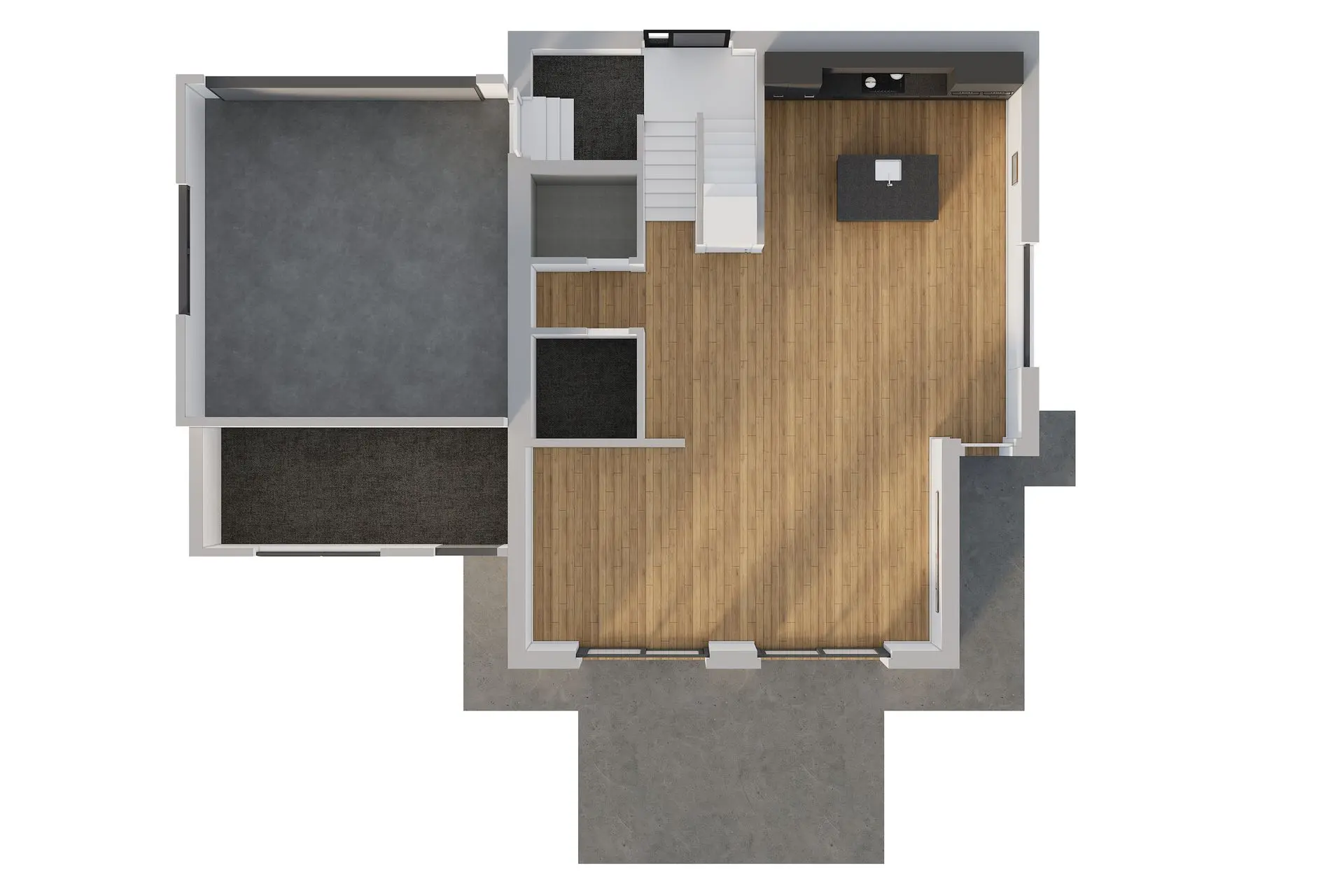 3D Grundrissvisualisierung leerer Raum mit Holzoptik für individuelle Gestaltung