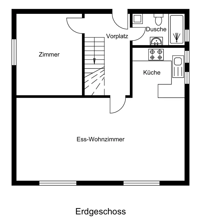 2D Grundriss Erdgeschoss mit Küche, Ess-Wohnzimmer, Zimmer und Dusche