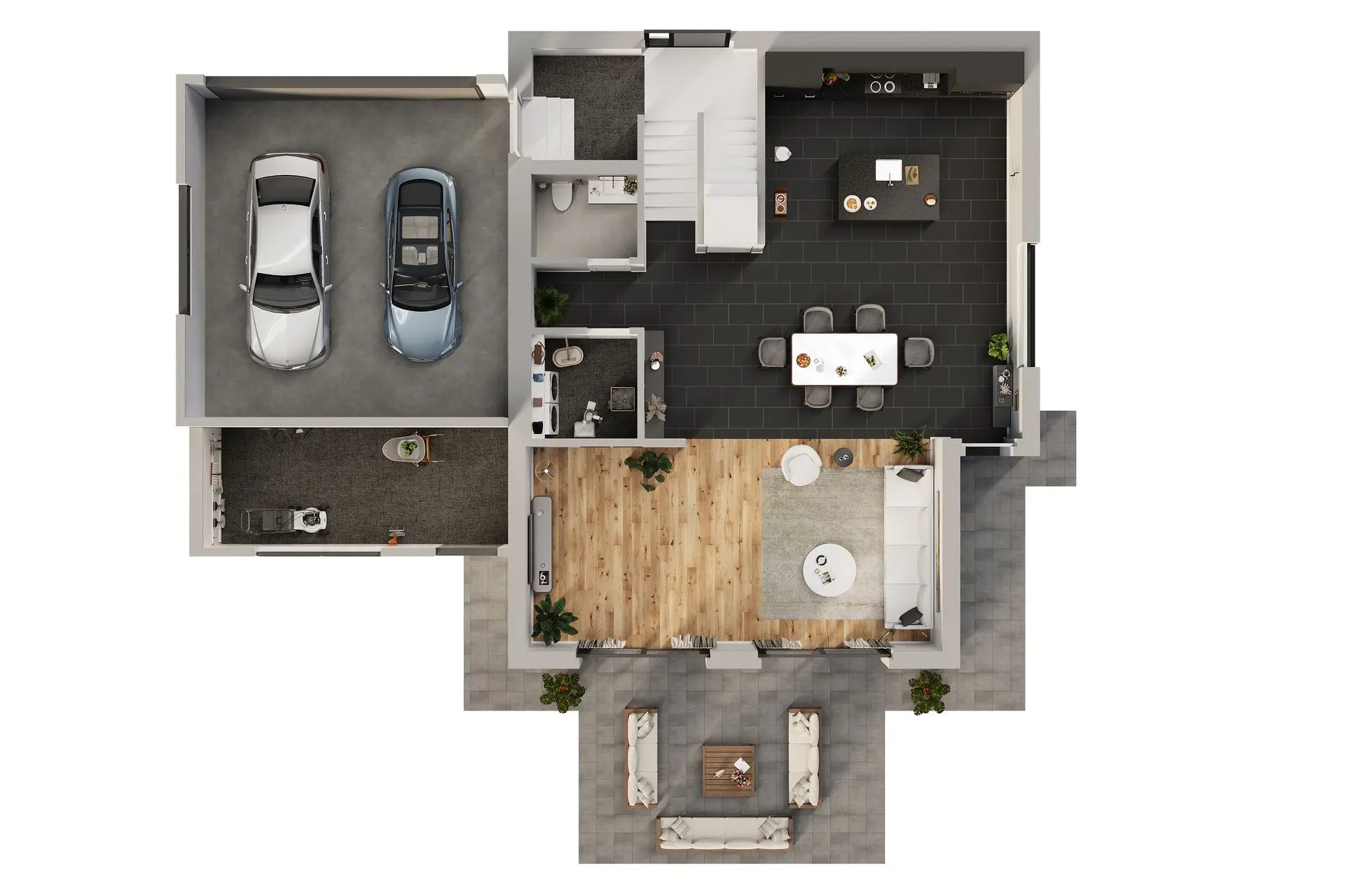 3D Grundrissvisualisierung modernes Einfamilienhaus mit Garage, Wohnbereich und Terrasse