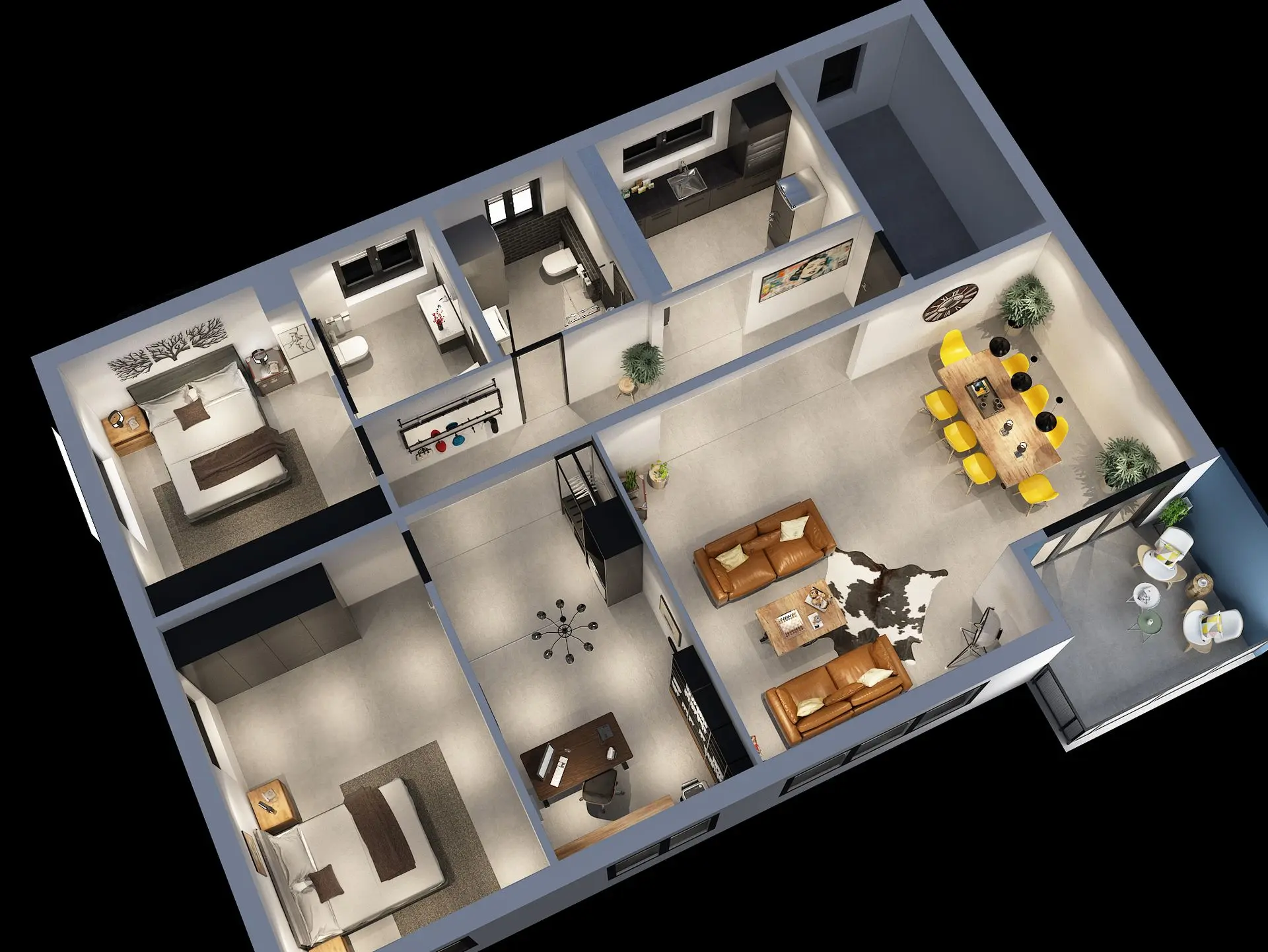 3D Grundrissvisualisierung moderne Wohnung mit offenem Wohnbereich, Esszimmer und Balkon