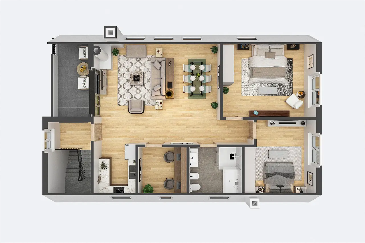 3D Grundrissvisualisierung grosszügige Wohnung mit Wohnbereich, Schlafzimmern und Balkon