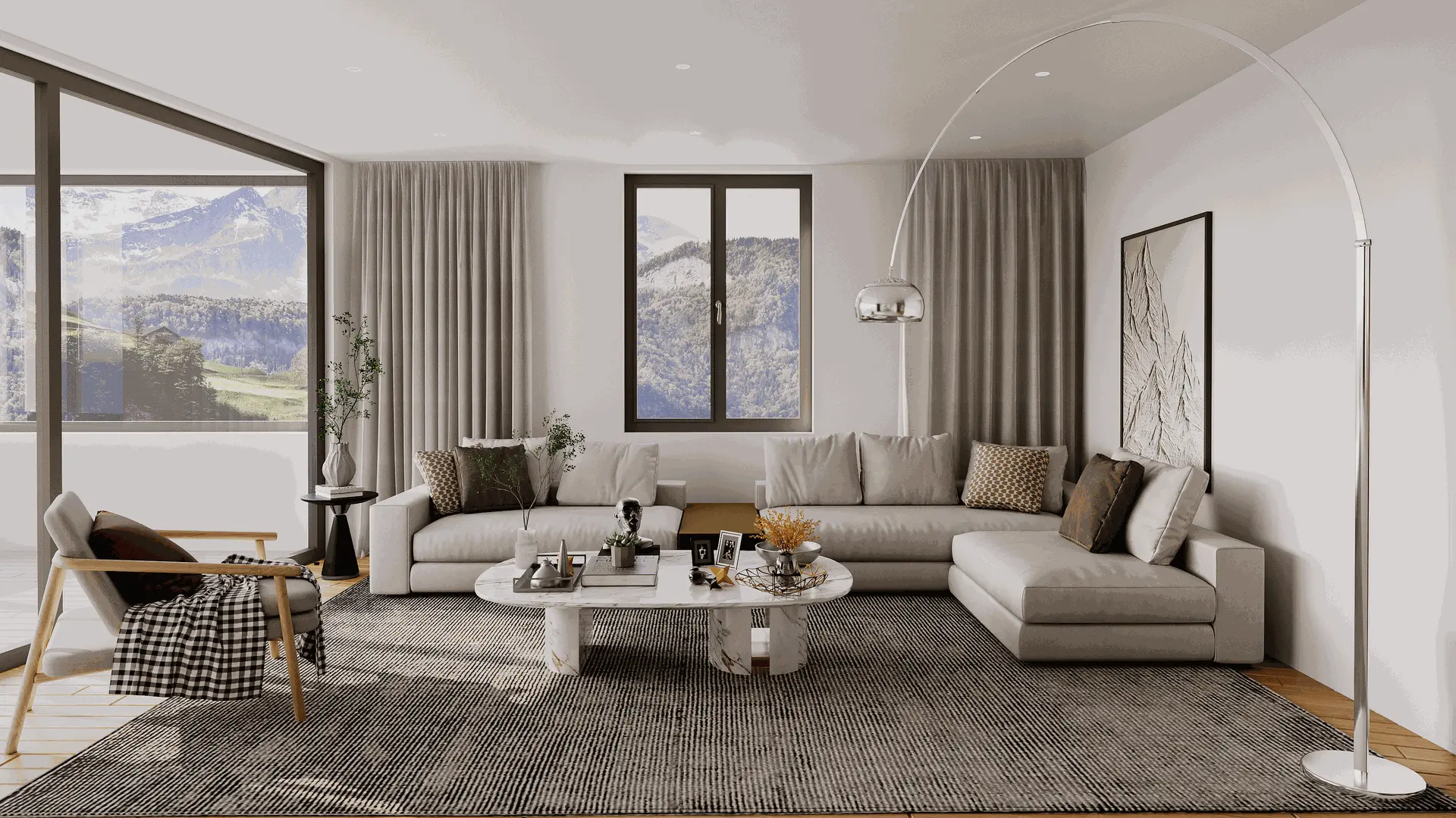 3D Visualisierung helles Wohnzimmer mit moderner Einrichtung 