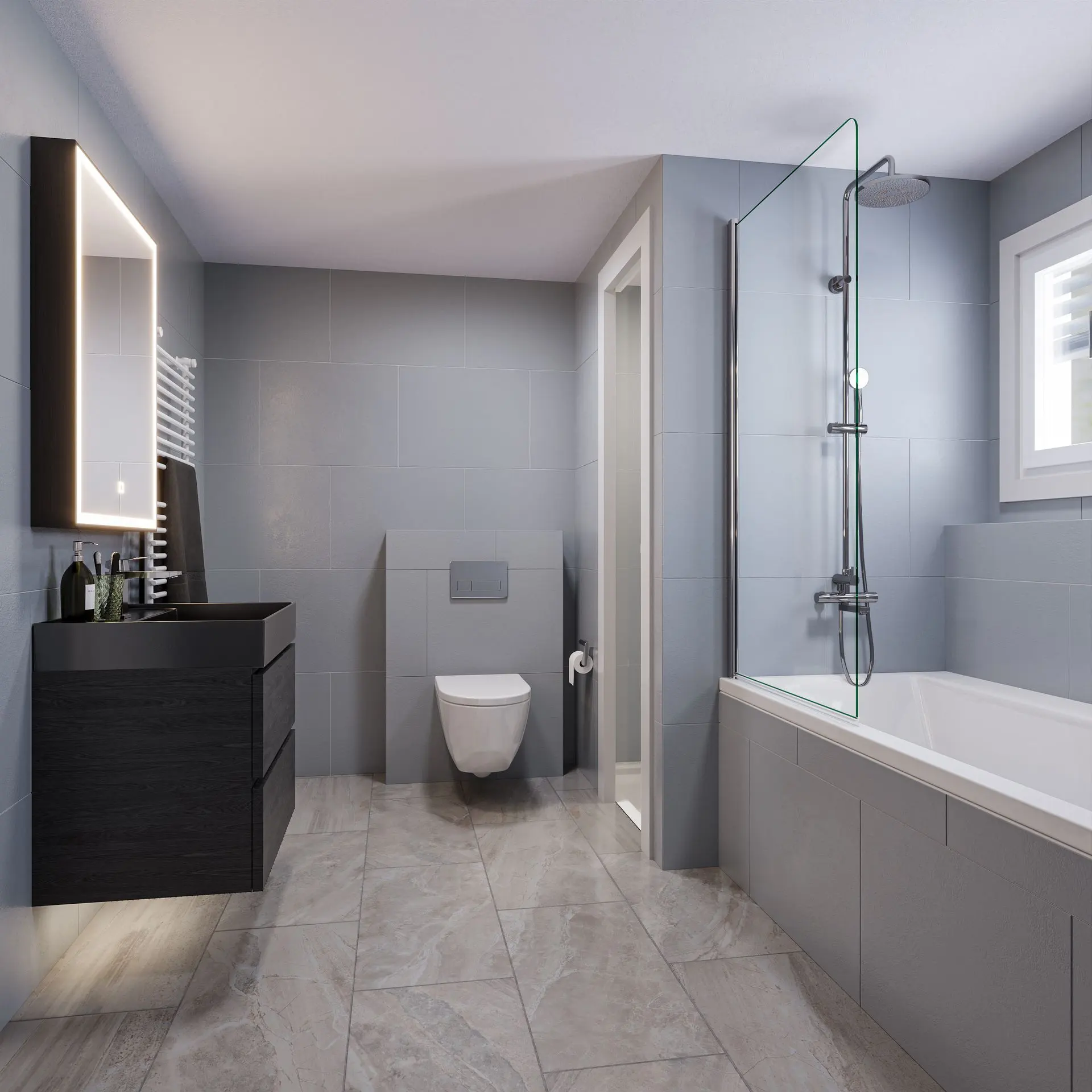 3D Visualisierung modernes Badezimmer mit Badewanne und grauen Fliesen